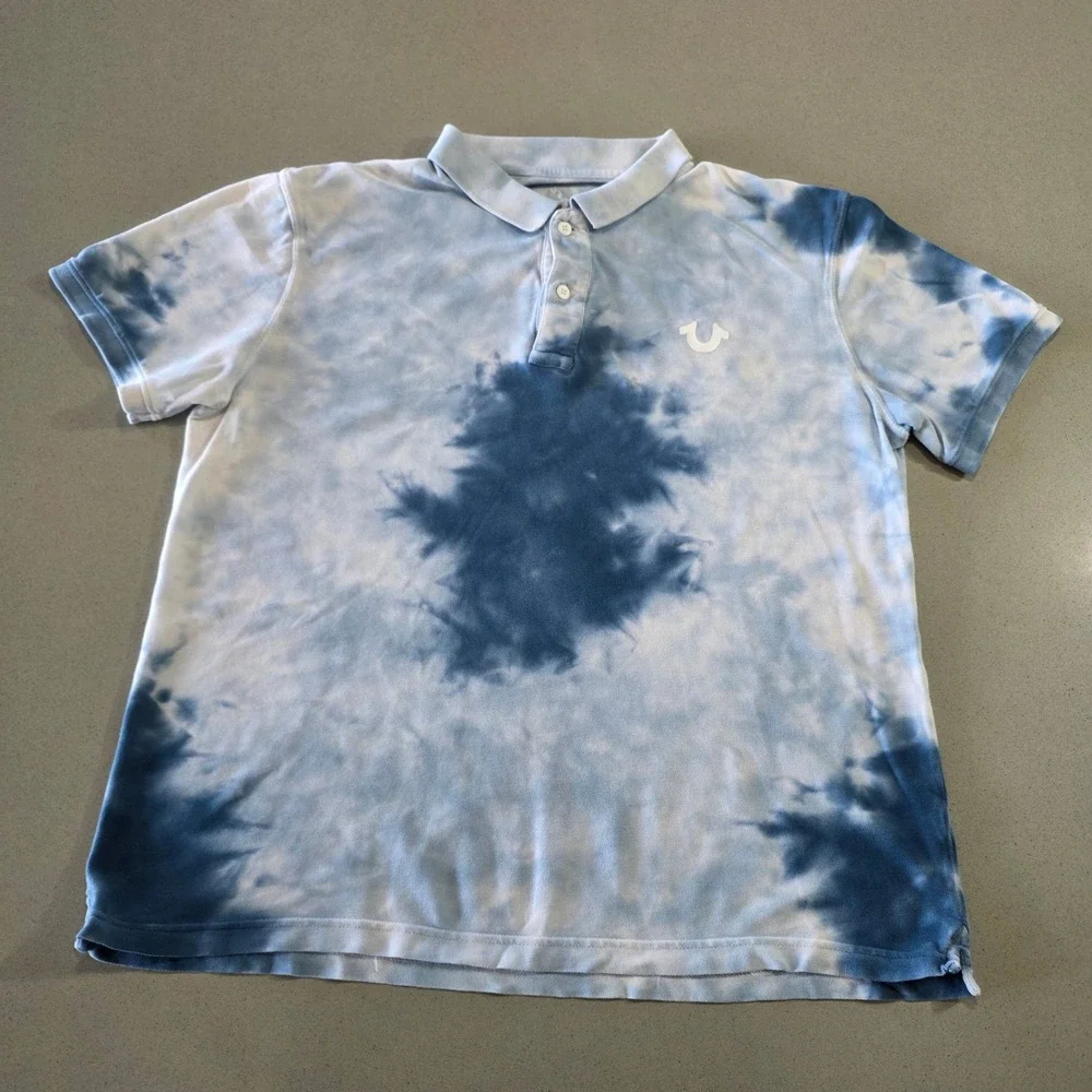 True Religion Mens Blue Tie Dye World Tour Logo Polo Shirt Size Large